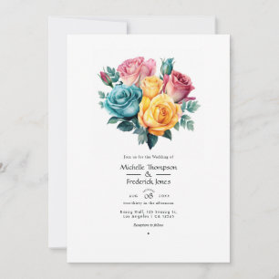 Invitación Boda floral turquesa, amarillo y rosa