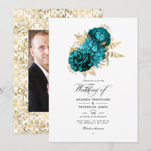 Invitación Boda Floral Turquesa Antiguo - Verde Azul y Dorado