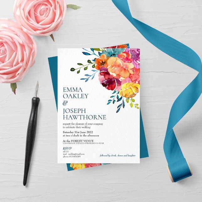 Invitación Boda floral turquesa brillante de verano (Subido por el creador)