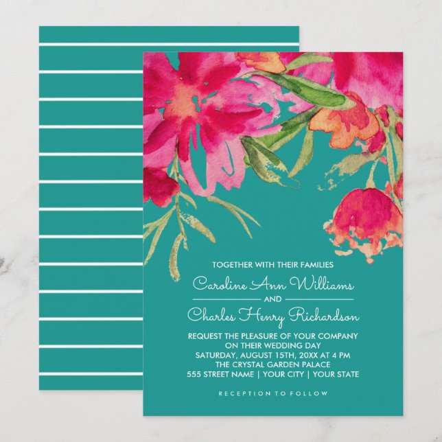 Invitación Boda floral turquesa Fuchsia acuarela (Anverso / Reverso)