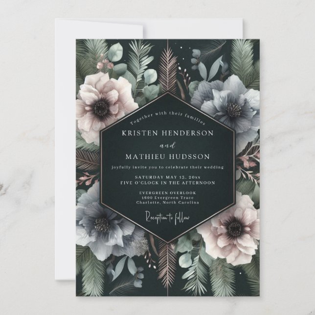 Invitación Boda Floral Turquesa Profunda y Melancólica (Anverso)