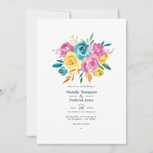 Invitación Boda floral turquesa, rosa y amarillo (Anverso)