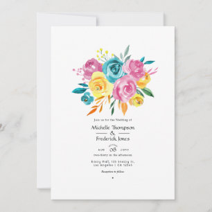 Invitación Boda floral turquesa, rosa y amarillo