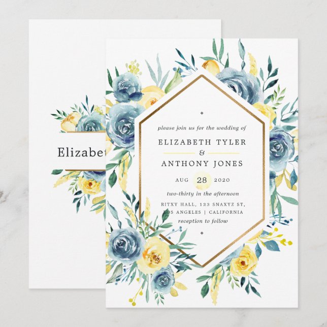 Invitación Boda floral turquesa y amarillo (Anverso / Reverso)