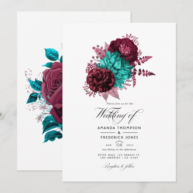 Invitación Boda Floral Turquesa y Borgoña (Anverso / Reverso)