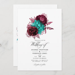 Invitación Boda Floral Turquesa y Borgoña