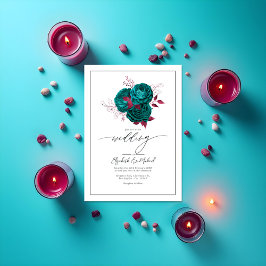 Invitación Boda Floral Turquesa y Borgoña Foto Código QR