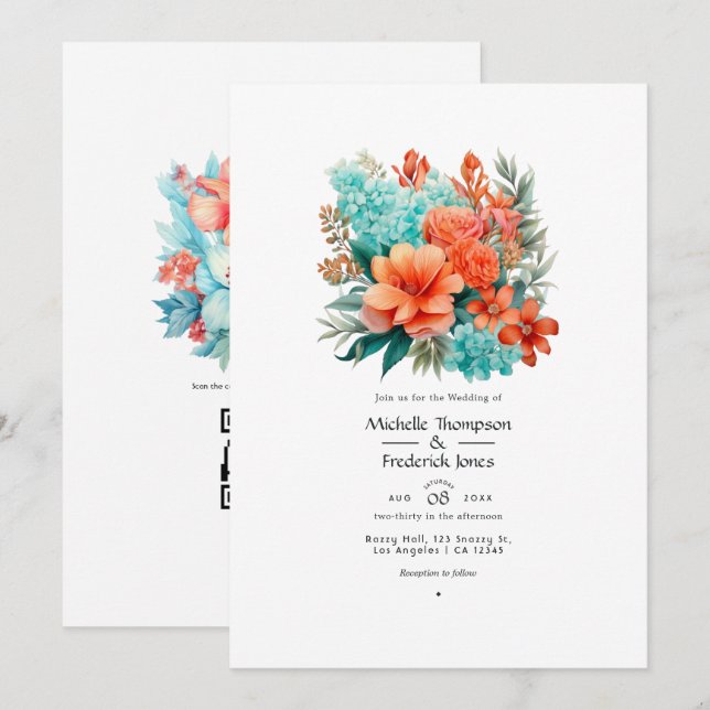 Invitación Boda floral turquesa y coral (Anverso / Reverso)