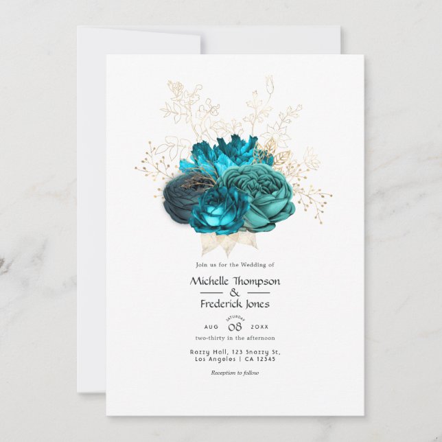 Invitación Boda floral turquesa y dorada (Anverso)
