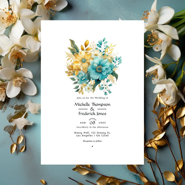 Invitación Boda floral turquesa y dorada (Subido por el creador)