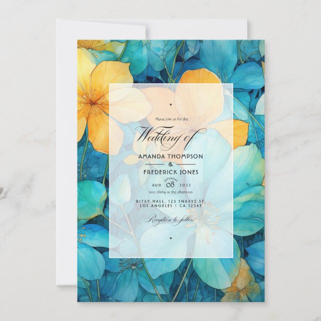 Invitación Boda floral turquesa y patina (Anverso)