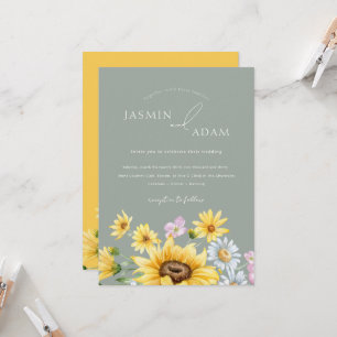 Invitación Boda floral veraniego Sage Green Yellow Sunflowers