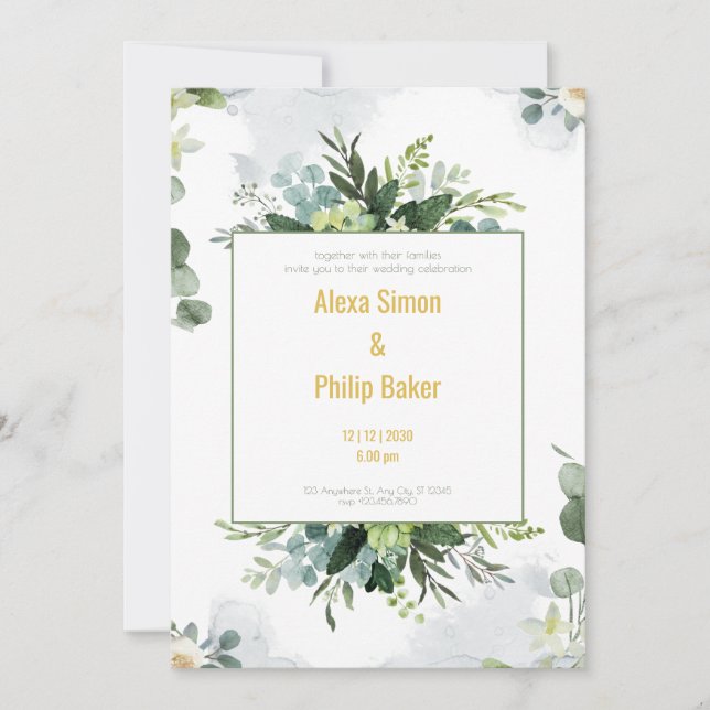 Invitación Boda floral verde (Anverso)