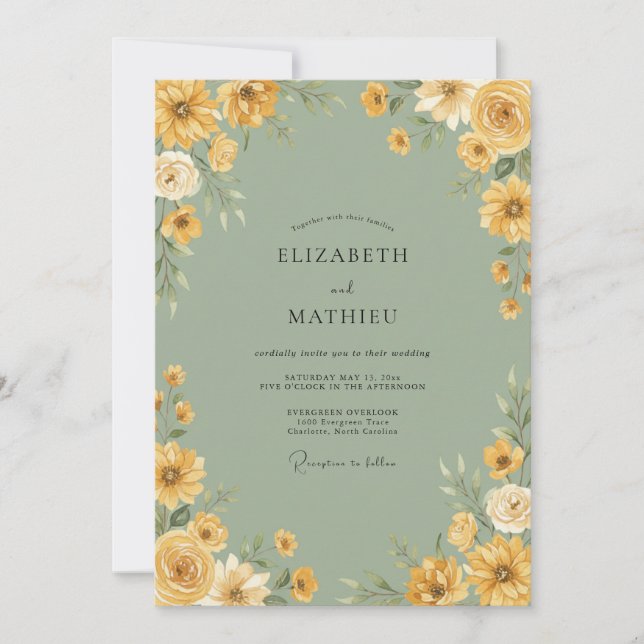Invitación Boda Floral Verde Amarillo (Anverso)