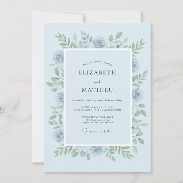 Invitación Boda floral verde azul claro (Anverso)