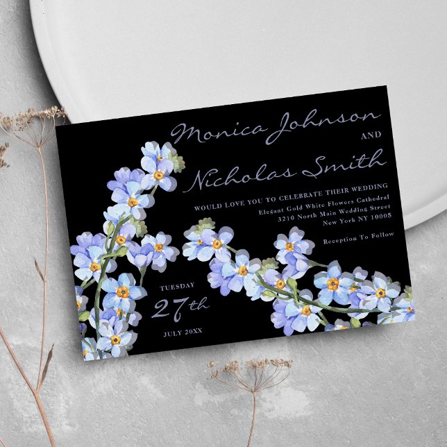 Invitación Boda floral verde azul lavanda elegante negro (Black elegant lavender blue green floral Wedding )