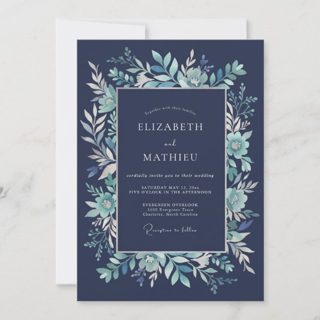 Invitación Boda floral verde azul marino (Anverso)