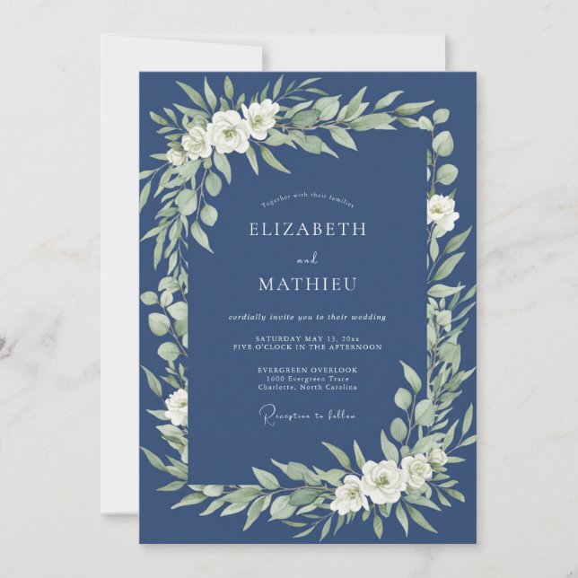 Invitación Boda Floral Verde Azul Marino (Anverso)