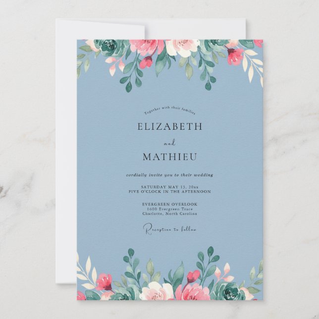 Invitación Boda Floral Verde Azul Pizarra (Anverso)