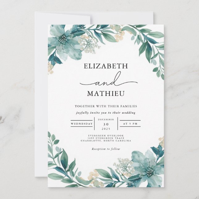 Invitación Boda floral verde azulada Flourish (Anverso)