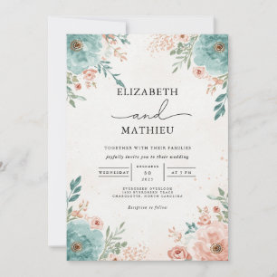 Invitación Boda floral verde azulada y coral