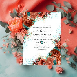 Invitación Boda floral Verde azulada y coral español