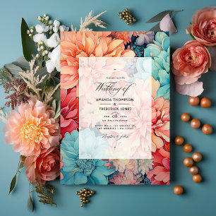 Invitación Boda floral verde azulado, coral y champán