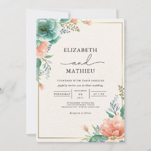 Invitación Boda floral Verde azulado de coral suave