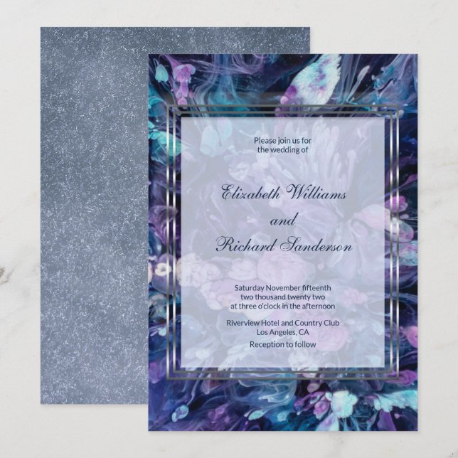 Invitación Boda floral Verde azulado mauve acuarela moderna (Anverso / Reverso)