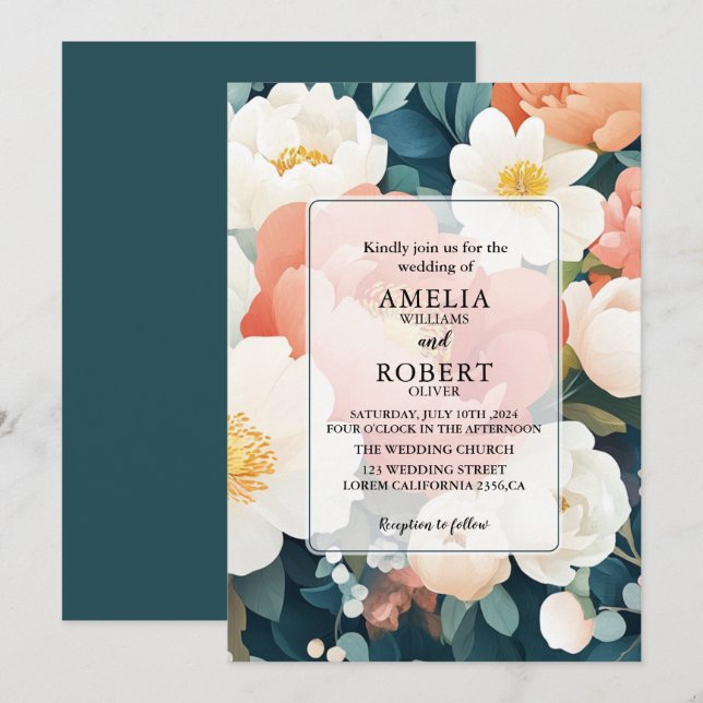 Invitación Boda floral Verde azulado moderno (Anverso / Reverso)