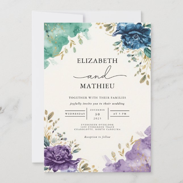 Invitación Boda floral Verde azulado profundo (Anverso)