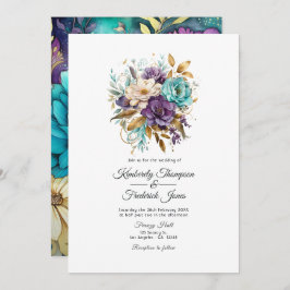 Invitación Boda floral verde azulado, púrpura y dorada