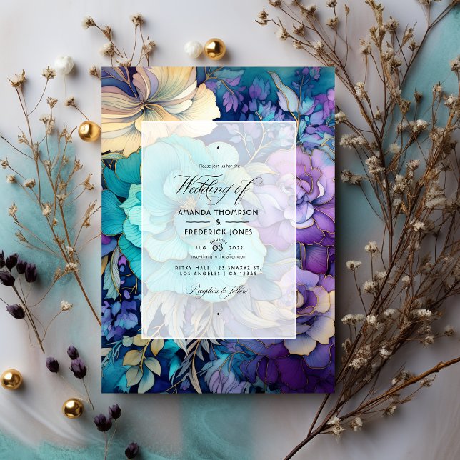 Invitación Boda floral verde azulado, púrpura y dorada (Subido por el creador)