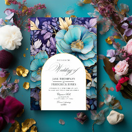 Invitación Boda floral verde azulado, púrpura y dorada