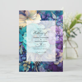 Invitación Boda floral verde azulado, púrpura y dorada