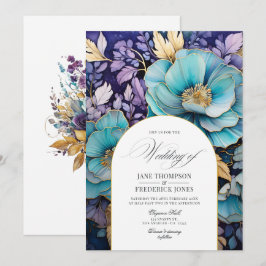Invitación Boda floral verde azulado, púrpura y dorada