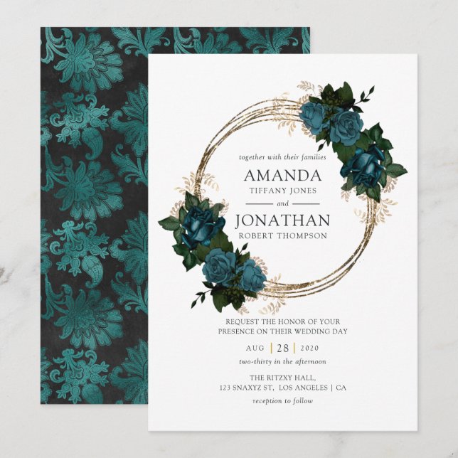 Invitación Boda floral verde azulado y dorado (Anverso / Reverso)