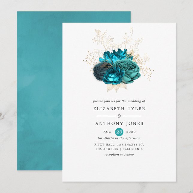 Invitación Boda floral verde azulado y dorado (Anverso / Reverso)