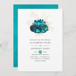 Invitación Boda floral verde azulado y dorado