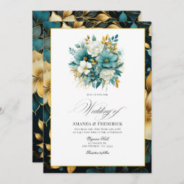 Invitación Boda floral verde azulado y dorado