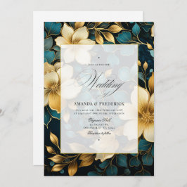 Invitación Boda floral verde azulado y dorado