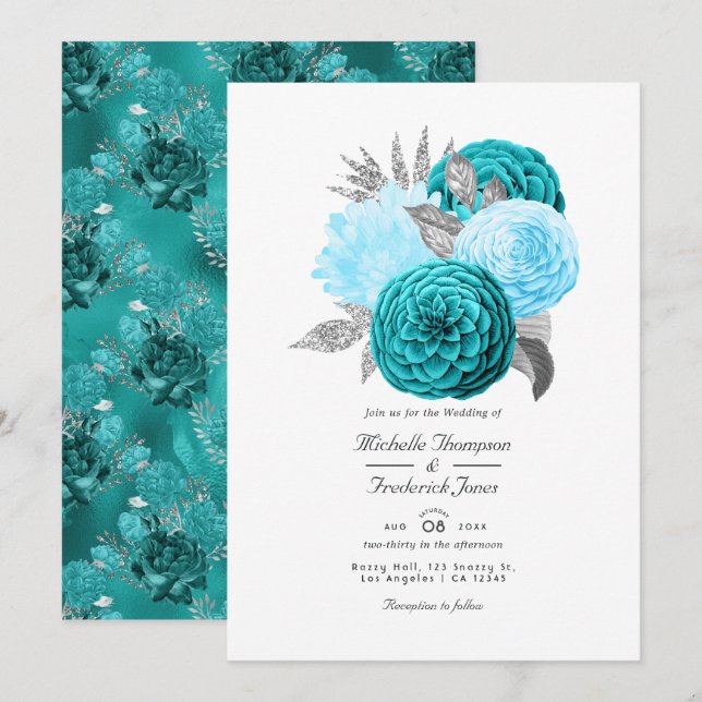 Invitación Boda floral verde azulado y plateado (Anverso / Reverso)