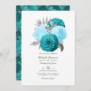 Invitación Boda floral verde azulado y plateado