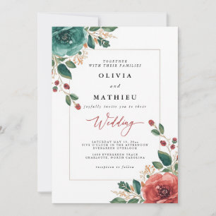 Invitación Boda floral Verde azulado y rojo Moody