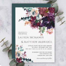 Invitación Boda floral Verde azulado y vitivinícola de lujo