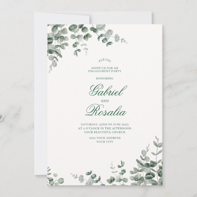 Invitación Boda floral verde blanco y negro moderno Invita (Anverso)