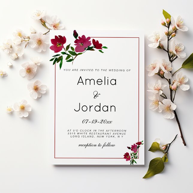 Invitación Boda floral verde borgoña rosa botánico (Botanical pink burgundy green floral Wedding )