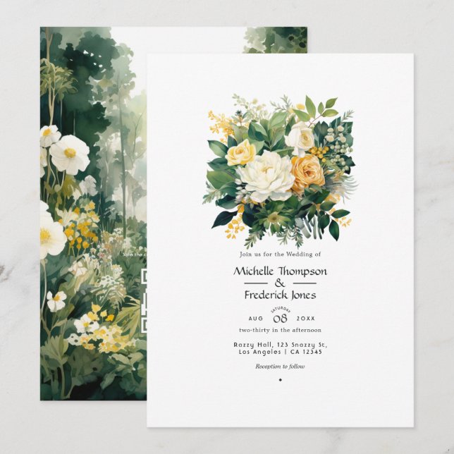 Invitación Boda floral verde bosque, blanco y dorado (Anverso / Reverso)