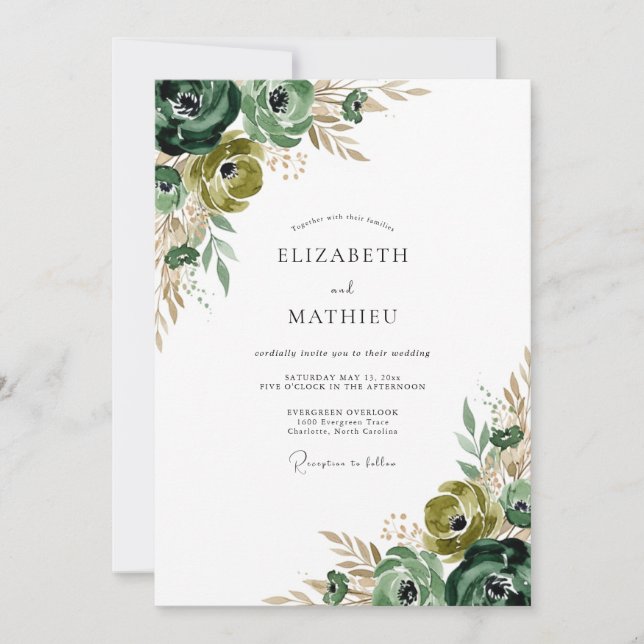 Invitación Boda Floral Verde Bosque Pincelada (Anverso)