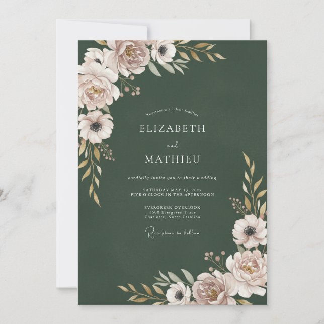 Invitación Boda Floral Verde Bosque Rubor (Anverso)